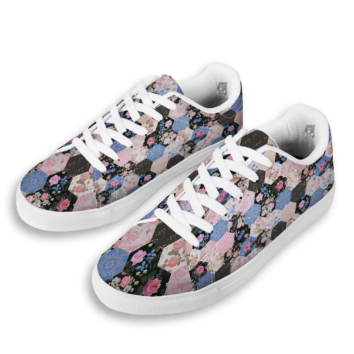 Flower Patchwork Pink Print Pattern White Low Top Sneakers-grizzshop