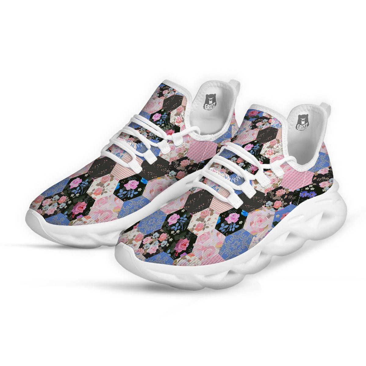 Flower Patchwork Pink Print Pattern White Running Shoes-grizzshop