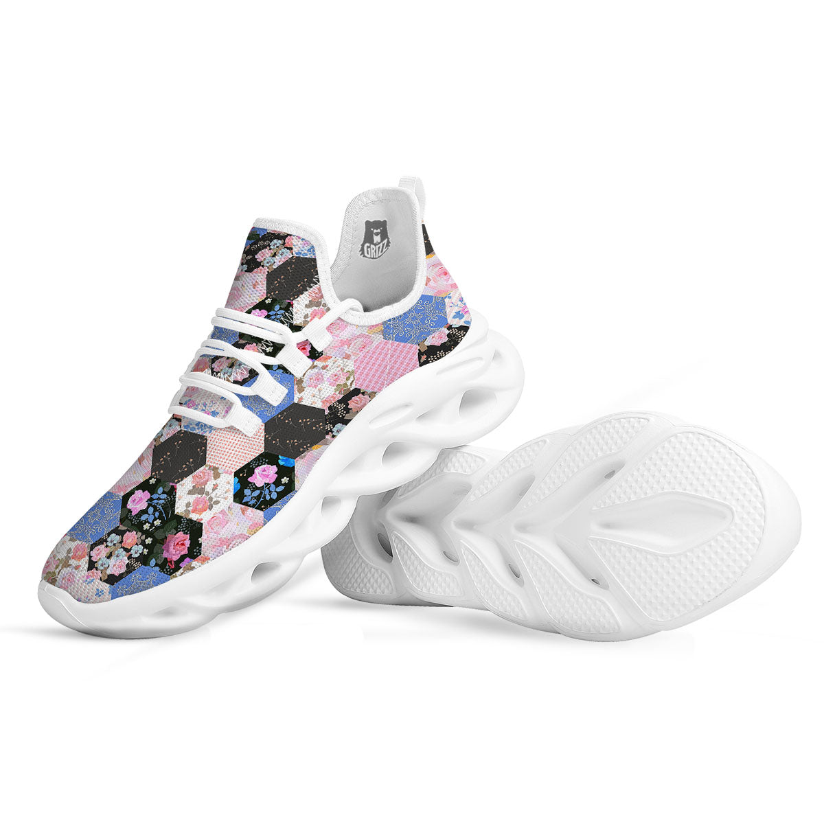 Flower Patchwork Pink Print Pattern White Running Shoes-grizzshop