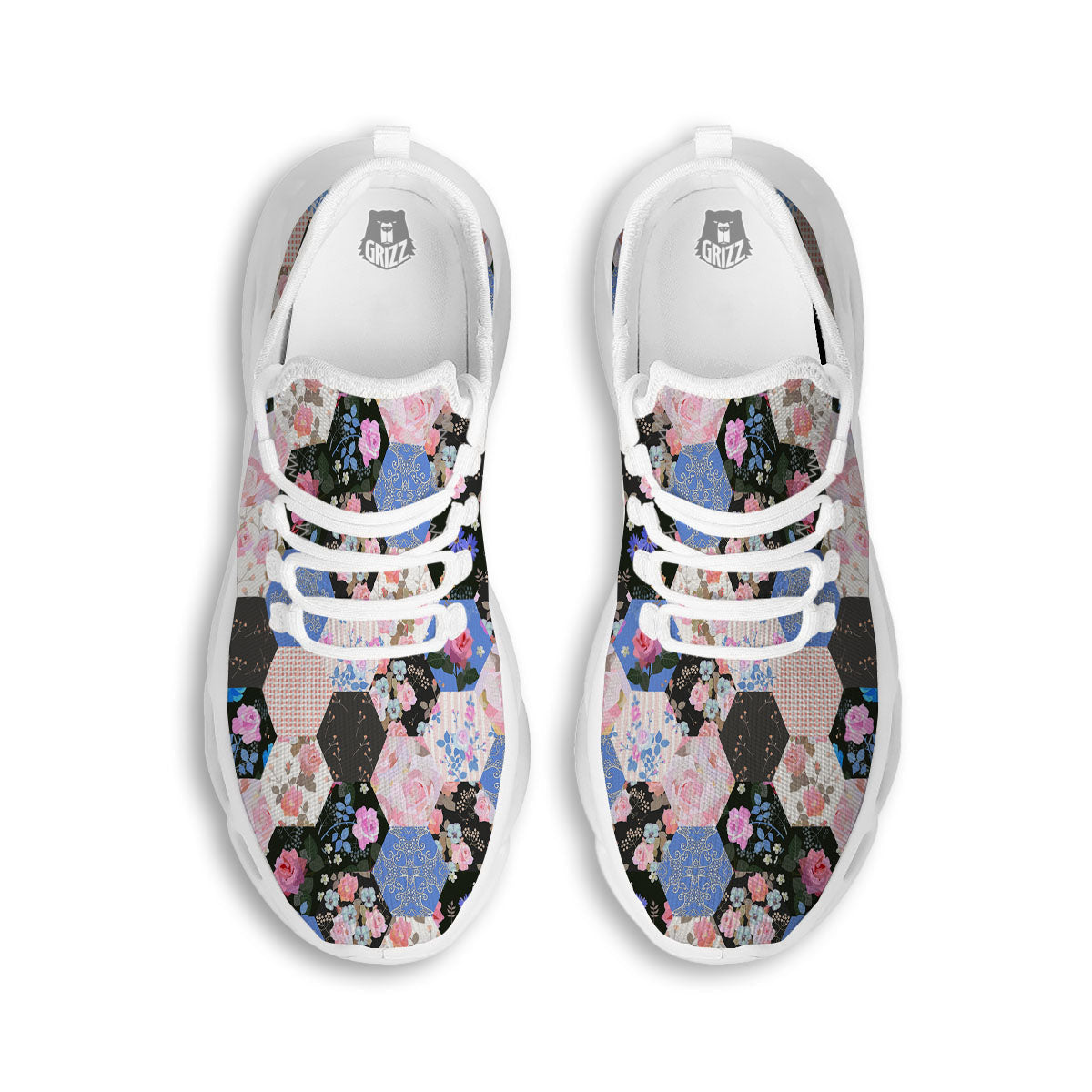 Flower Patchwork Pink Print Pattern White Running Shoes-grizzshop