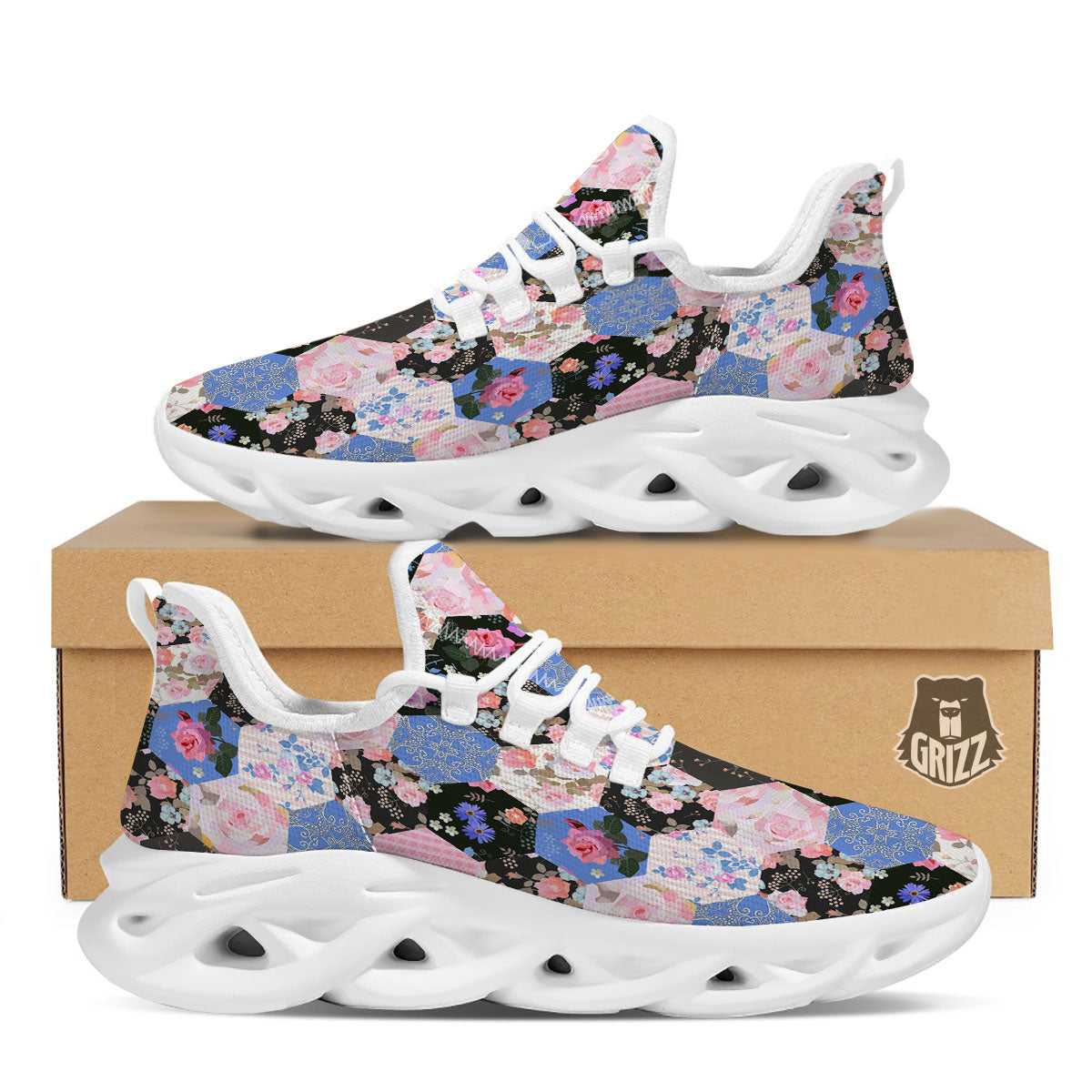 Flower Patchwork Pink Print Pattern White Running Shoes-grizzshop