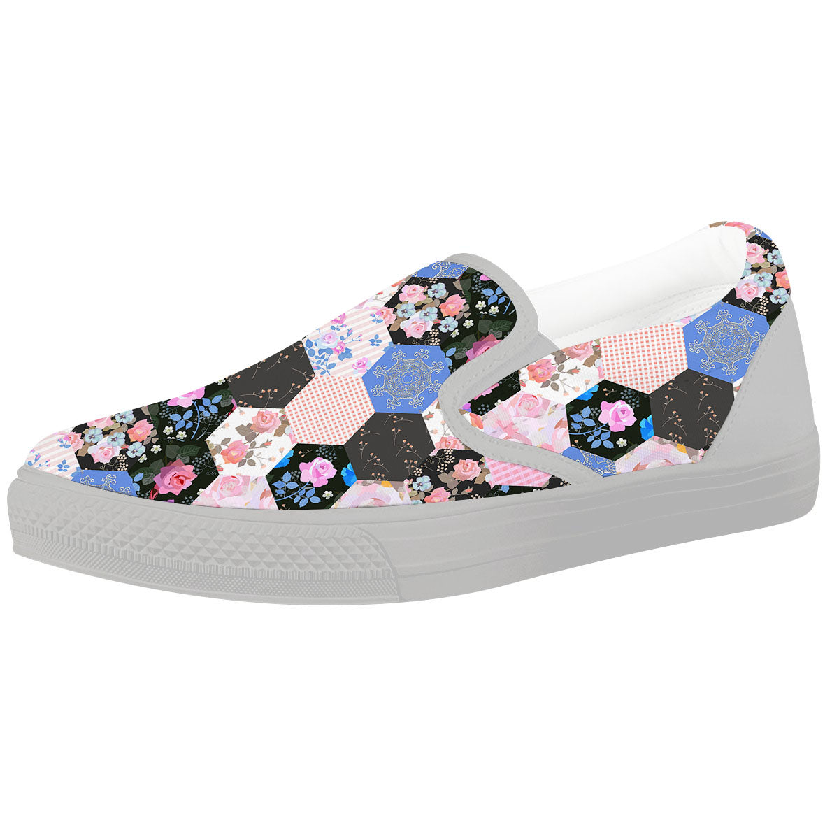 Flower Patchwork Pink Print Pattern White Slip On Shoes-grizzshop