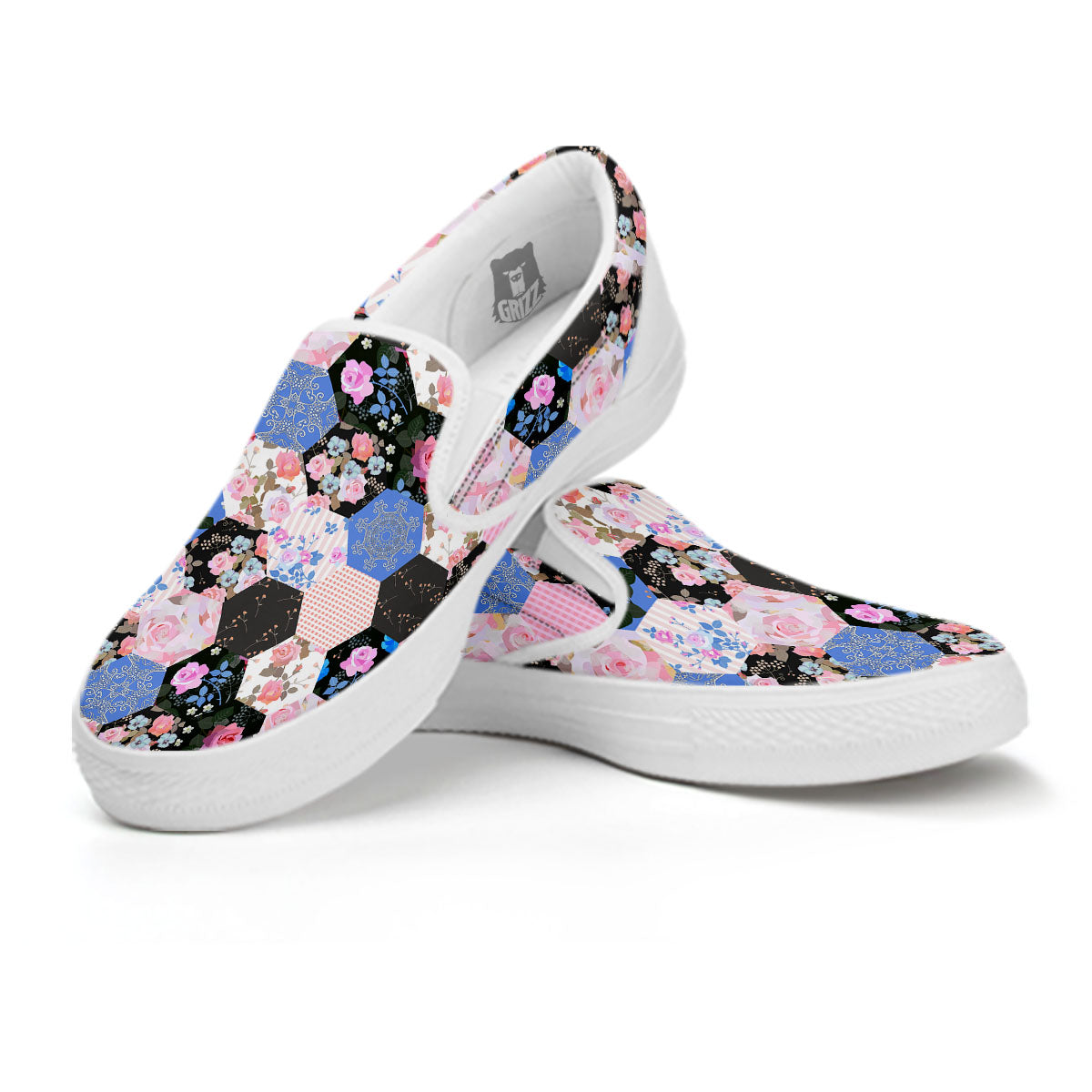 Flower Patchwork Pink Print Pattern White Slip On Shoes-grizzshop