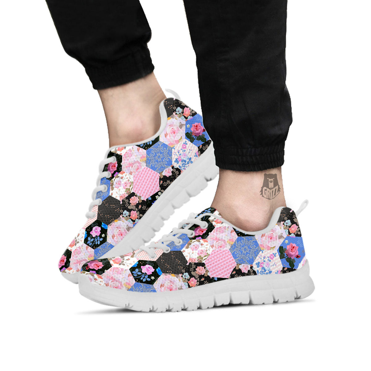 Flower Patchwork Pink Print Pattern White Sneaker-grizzshop