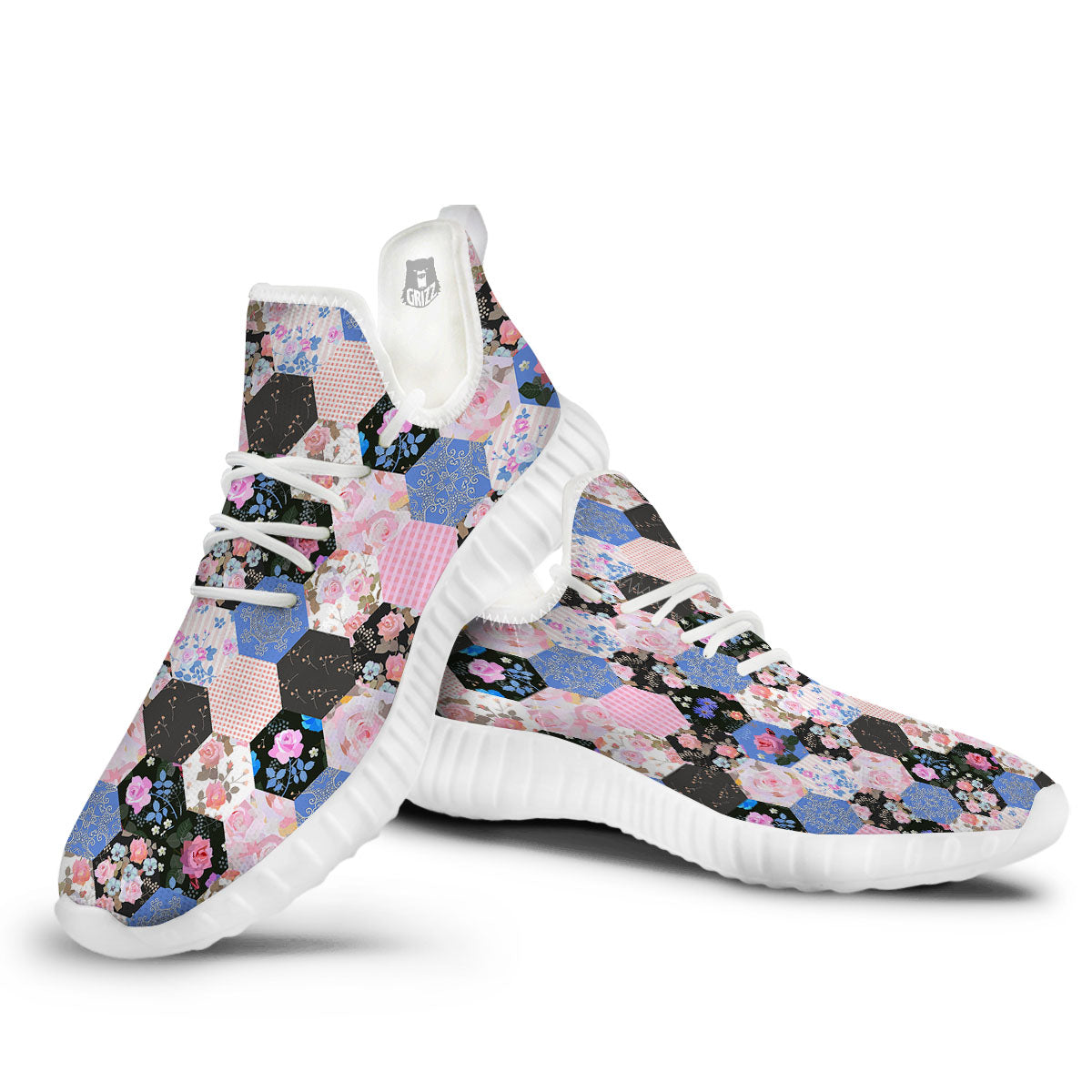 Flower Patchwork Pink Print Pattern White Walking Shoes-grizzshop