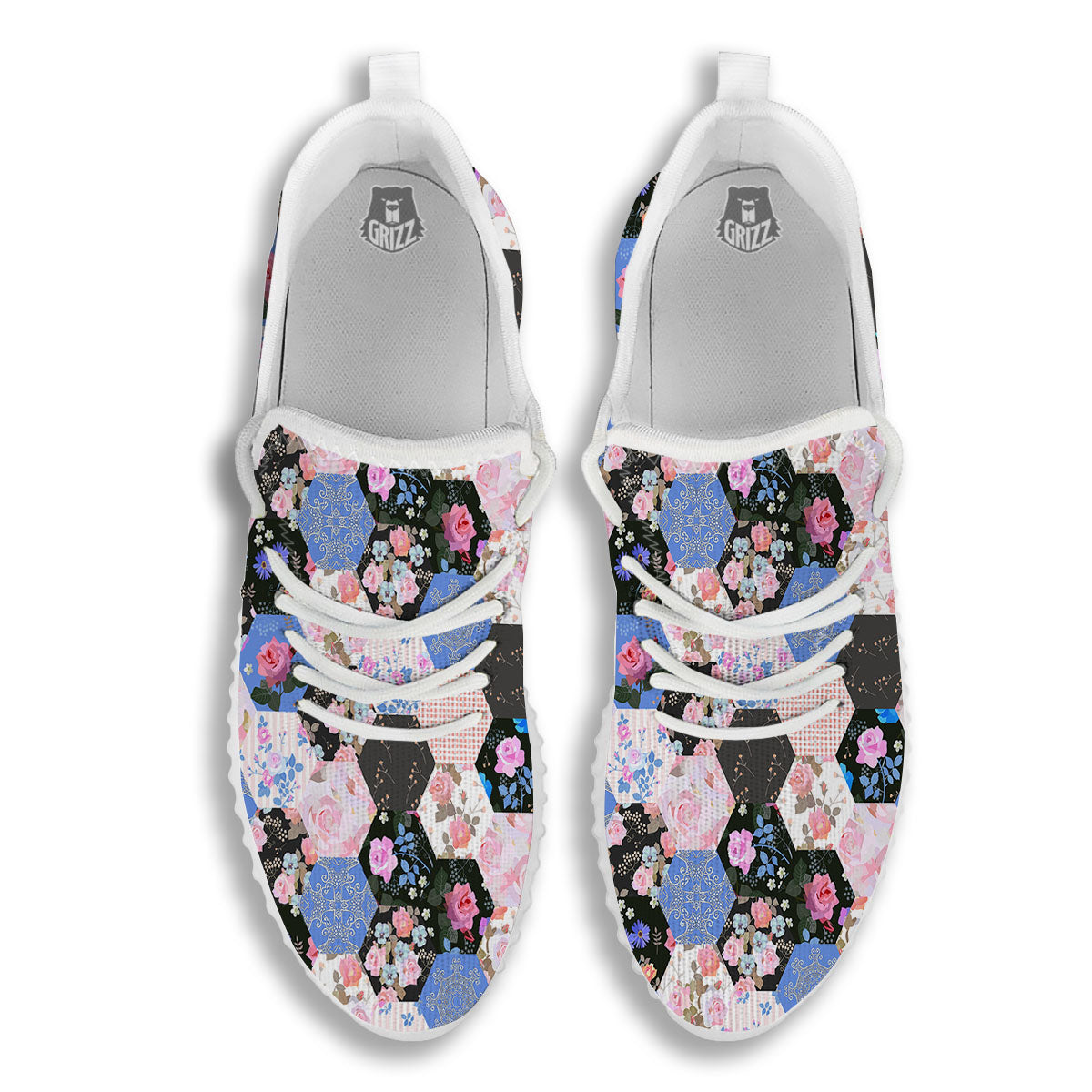 Flower Patchwork Pink Print Pattern White Walking Shoes-grizzshop