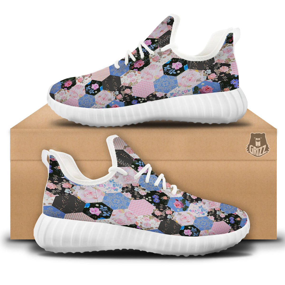 Flower Patchwork Pink Print Pattern White Walking Shoes-grizzshop