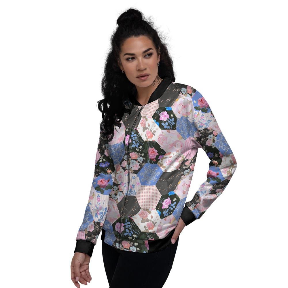 Flower Patchwork Pink Print Pattern Women's Bomber Jacket-grizzshop