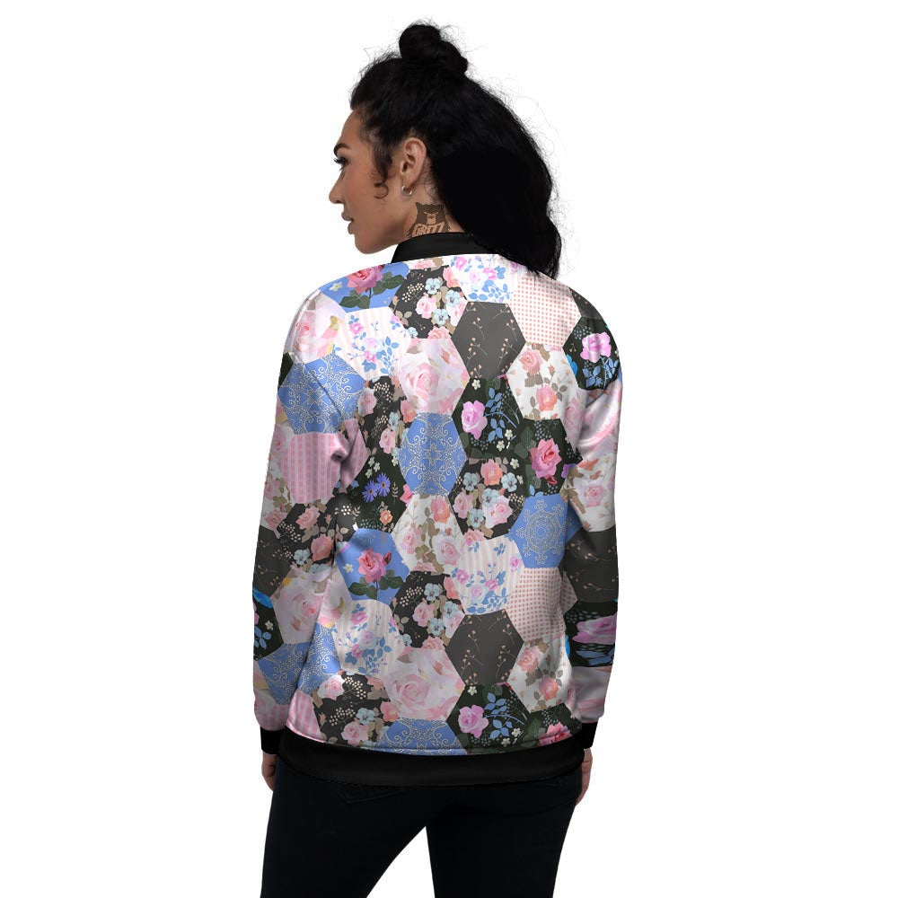 Flower Patchwork Pink Print Pattern Women's Bomber Jacket-grizzshop
