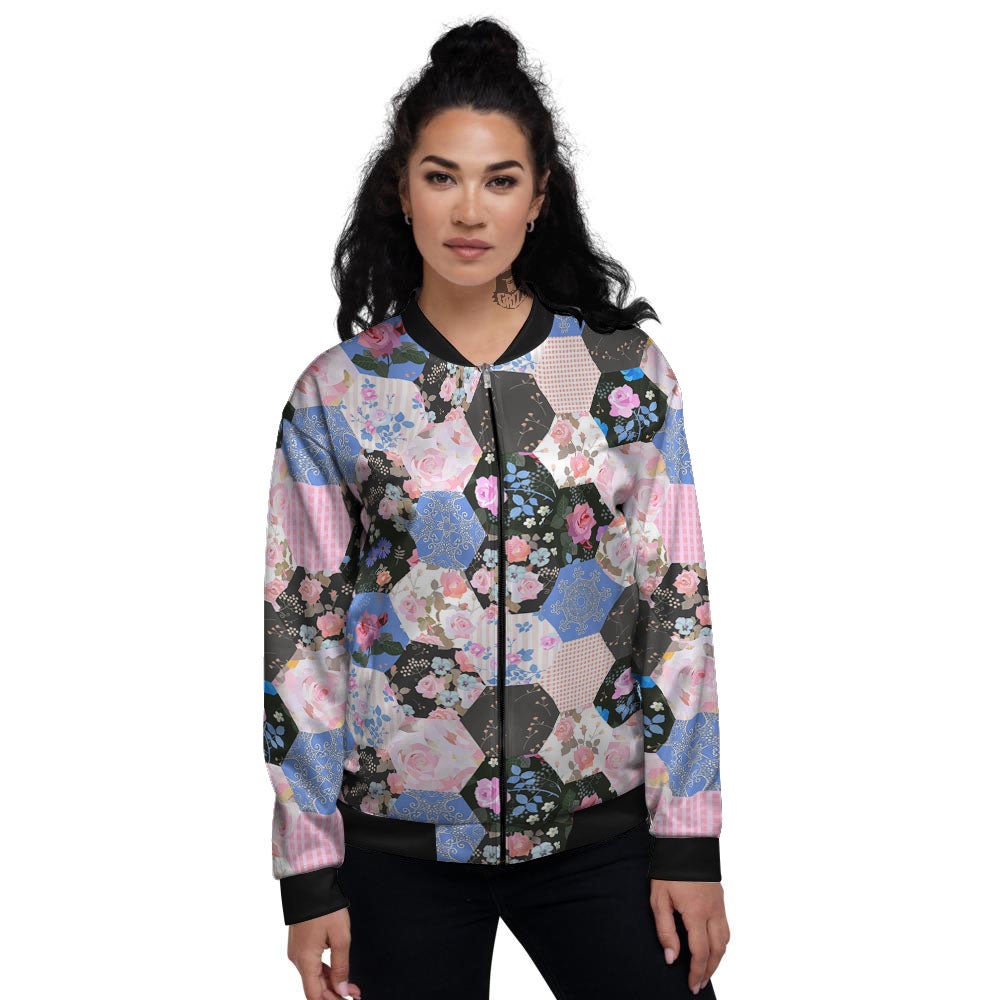 Flower Patchwork Pink Print Pattern Women's Bomber Jacket-grizzshop
