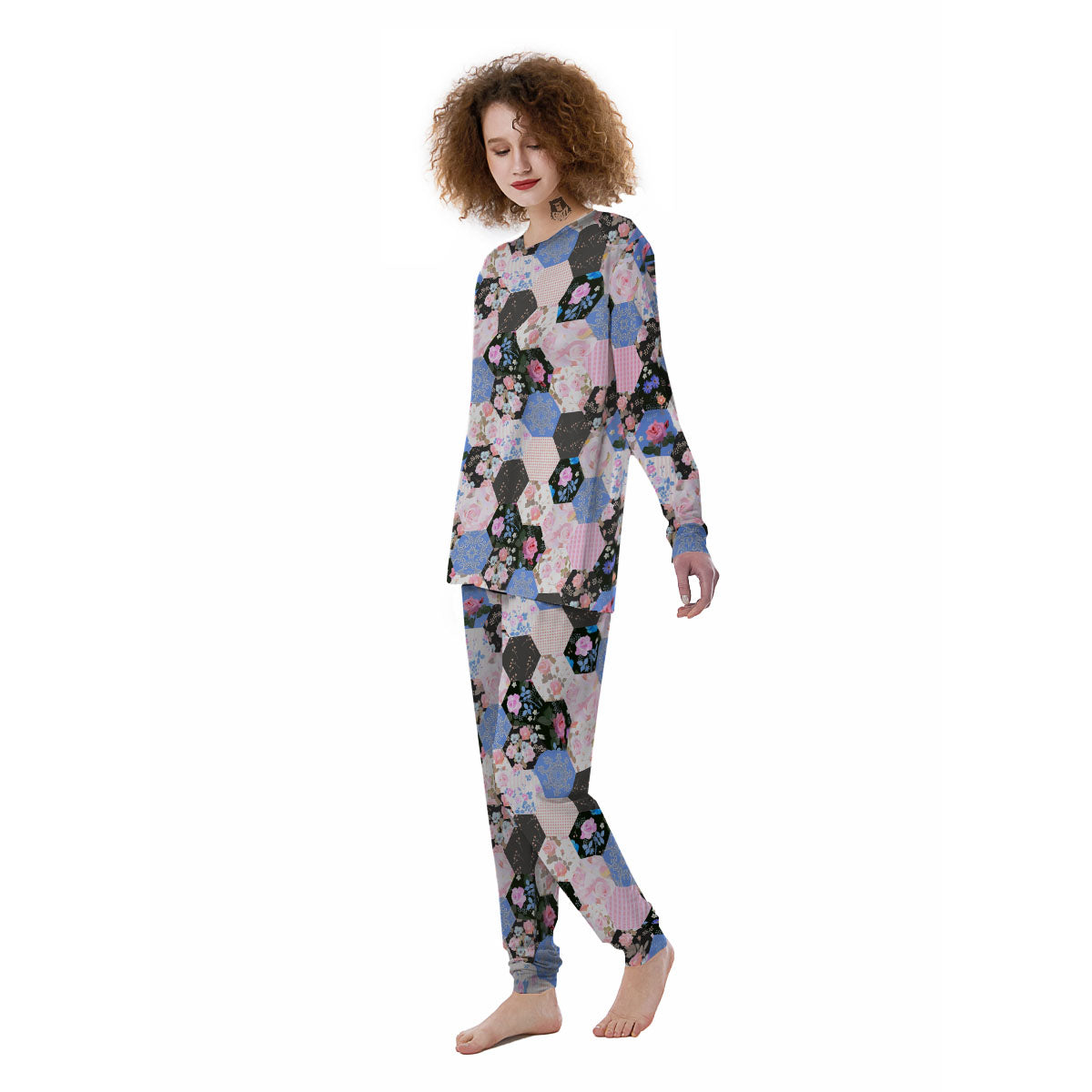 Flower Patchwork Pink Print Pattern Women's Pajamas-grizzshop