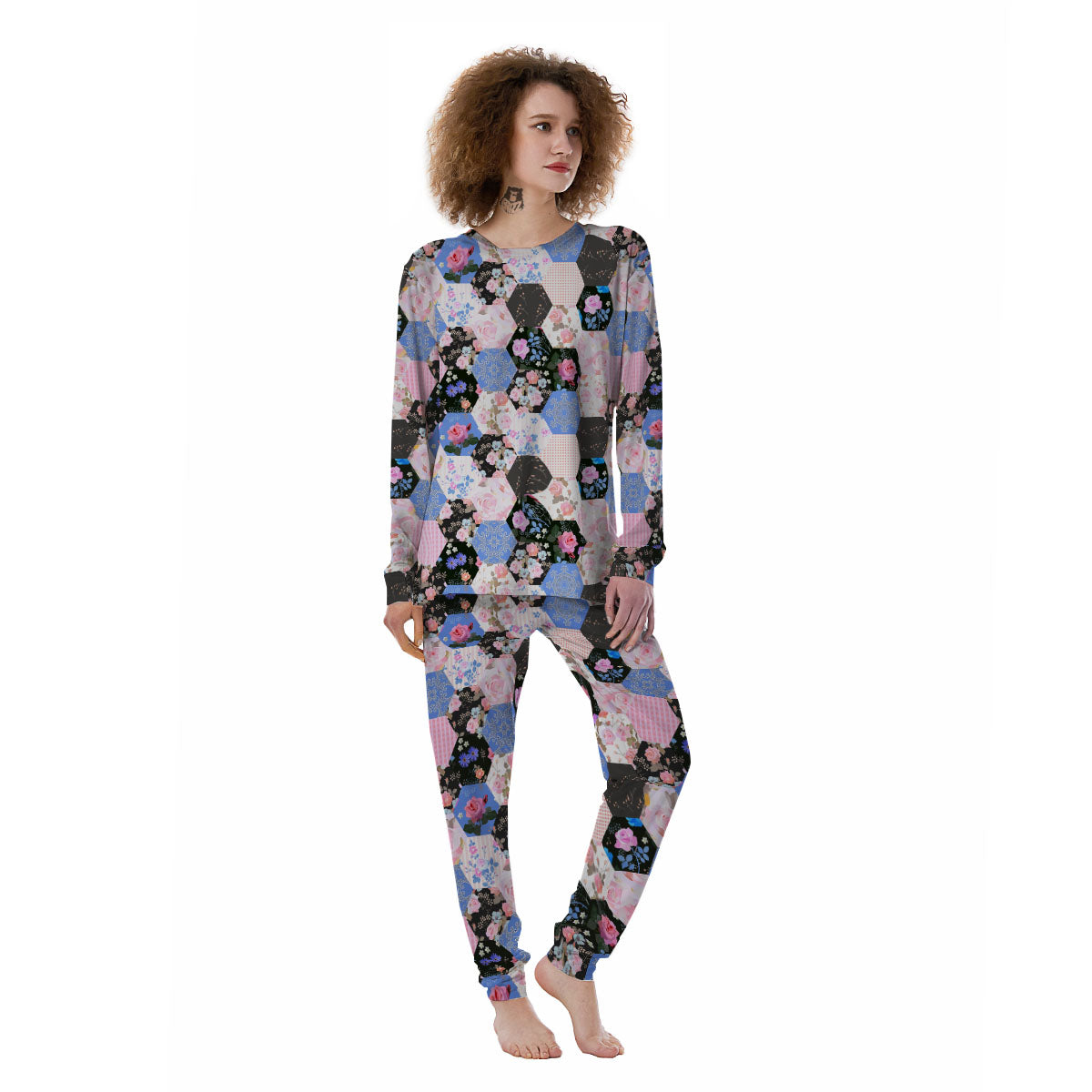 Flower Patchwork Pink Print Pattern Women's Pajamas-grizzshop