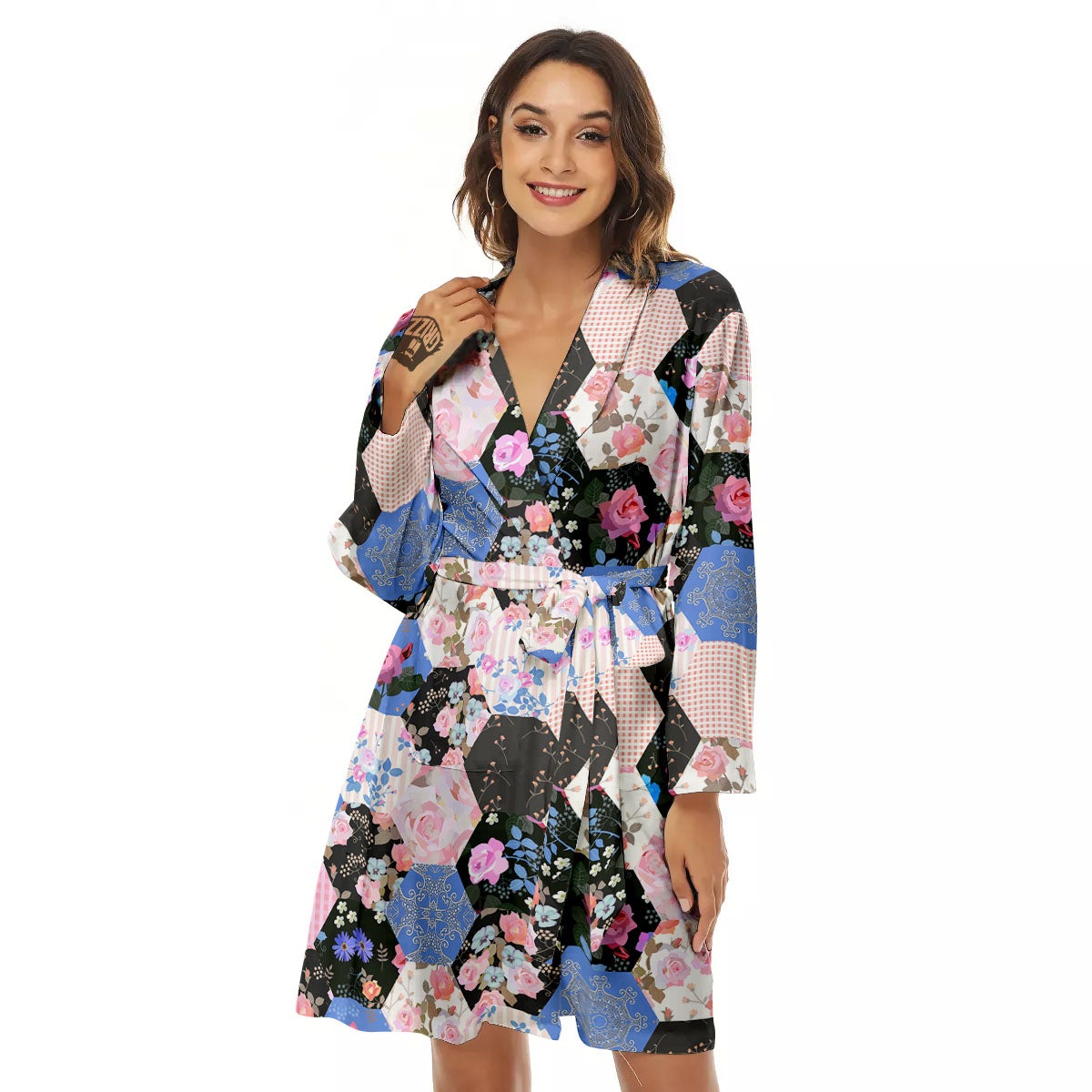 Flower Patchwork Pink Print Pattern Women's Robe-grizzshop