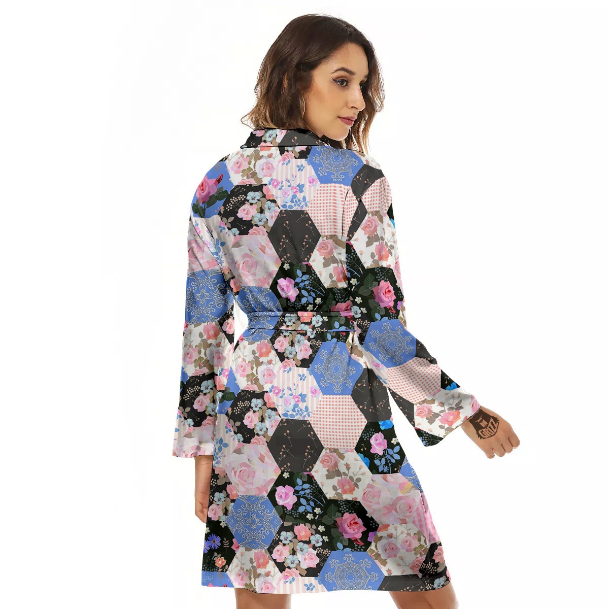 Flower Patchwork Pink Print Pattern Women's Robe-grizzshop