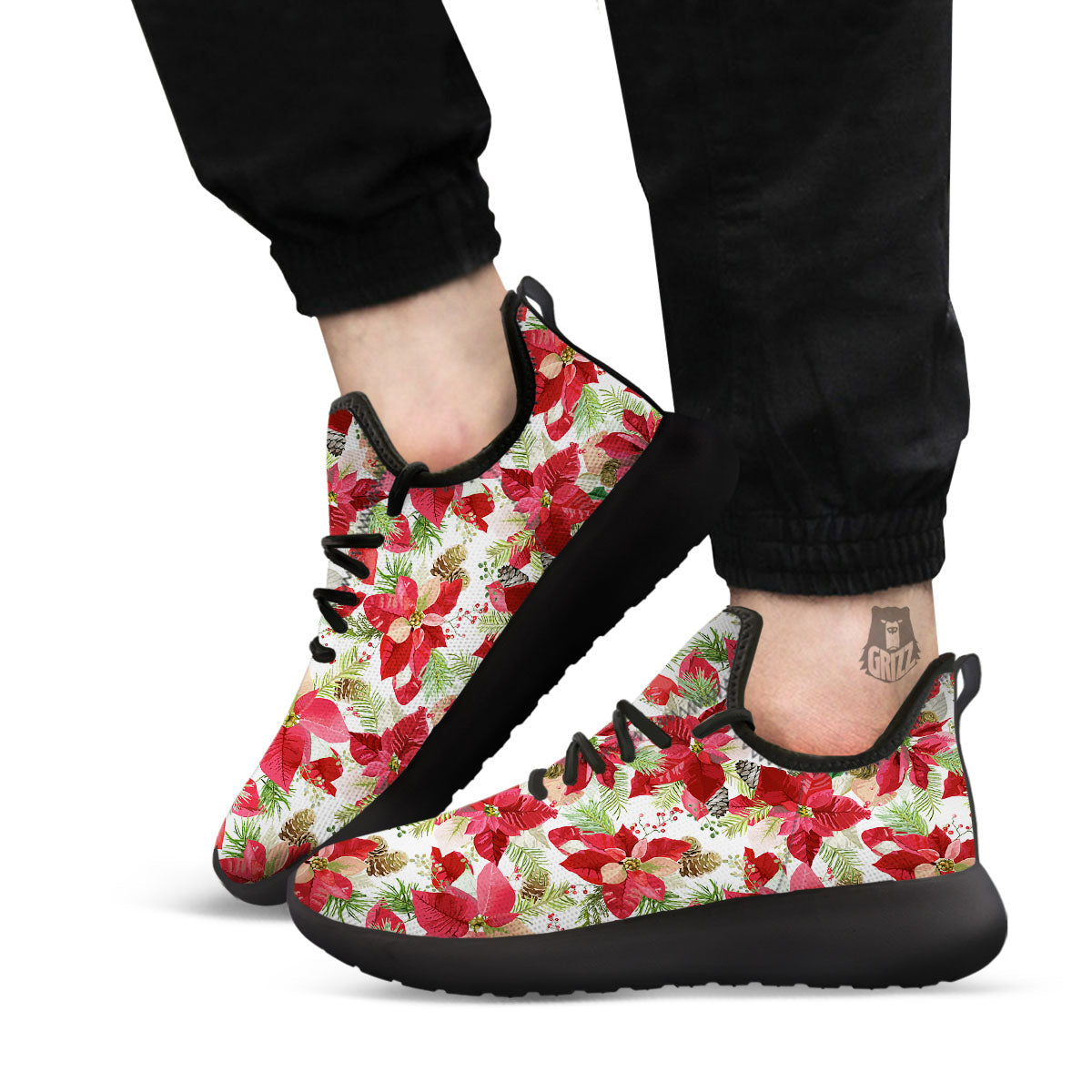Flower Poinsettia Print Pattern Black Athletic Shoes-grizzshop