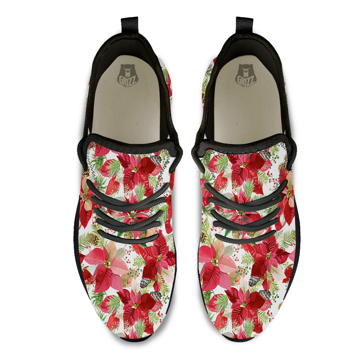 Flower Poinsettia Print Pattern Black Athletic Shoes-grizzshop