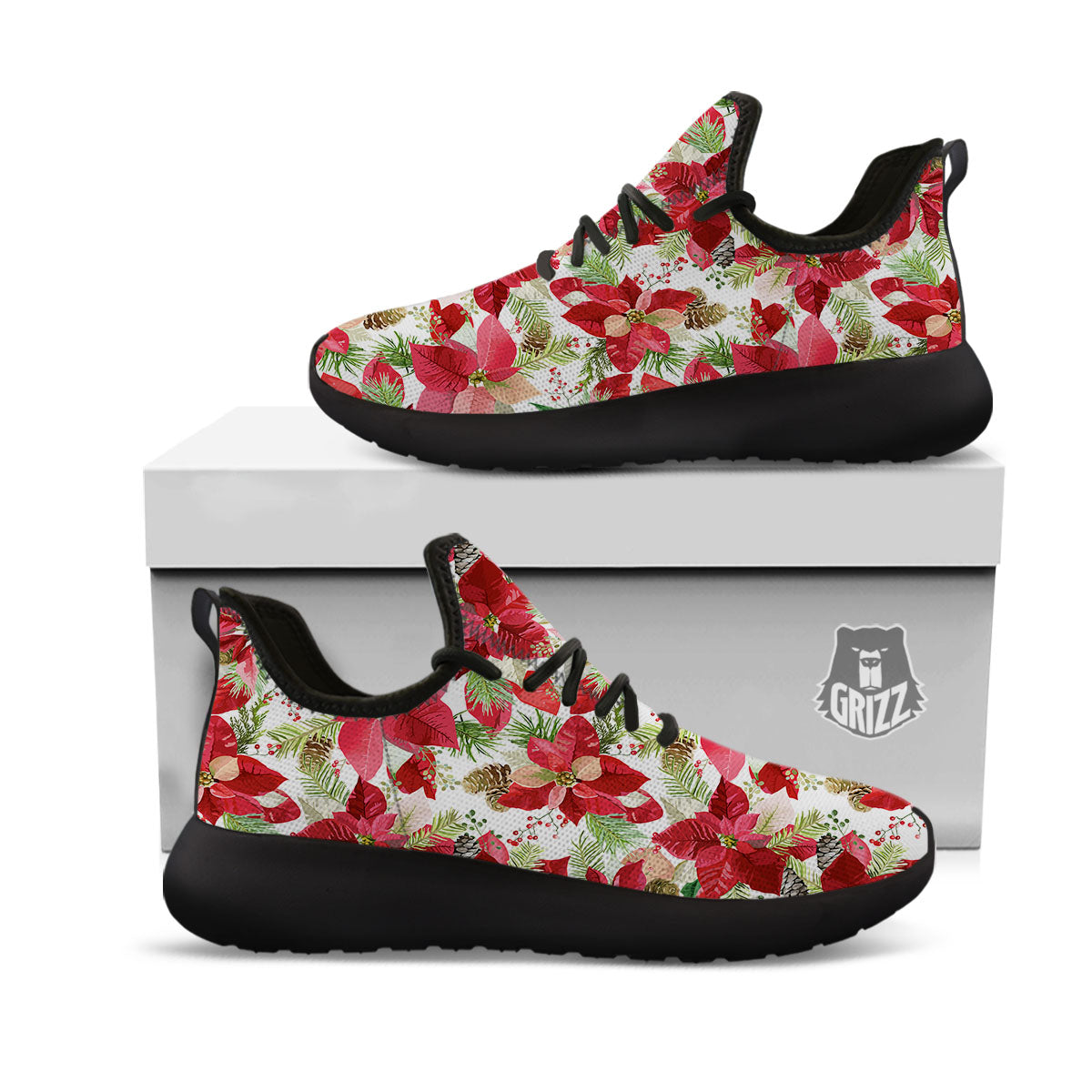 Flower Poinsettia Print Pattern Black Athletic Shoes-grizzshop