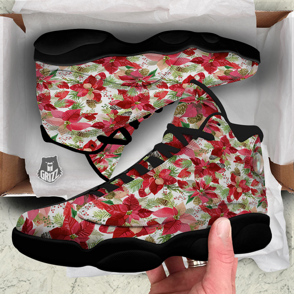 Flower Poinsettia Print Pattern Black Basketball Shoes-grizzshop