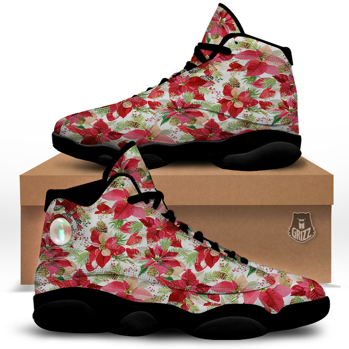 Flower Poinsettia Print Pattern Black Basketball Shoes-grizzshop