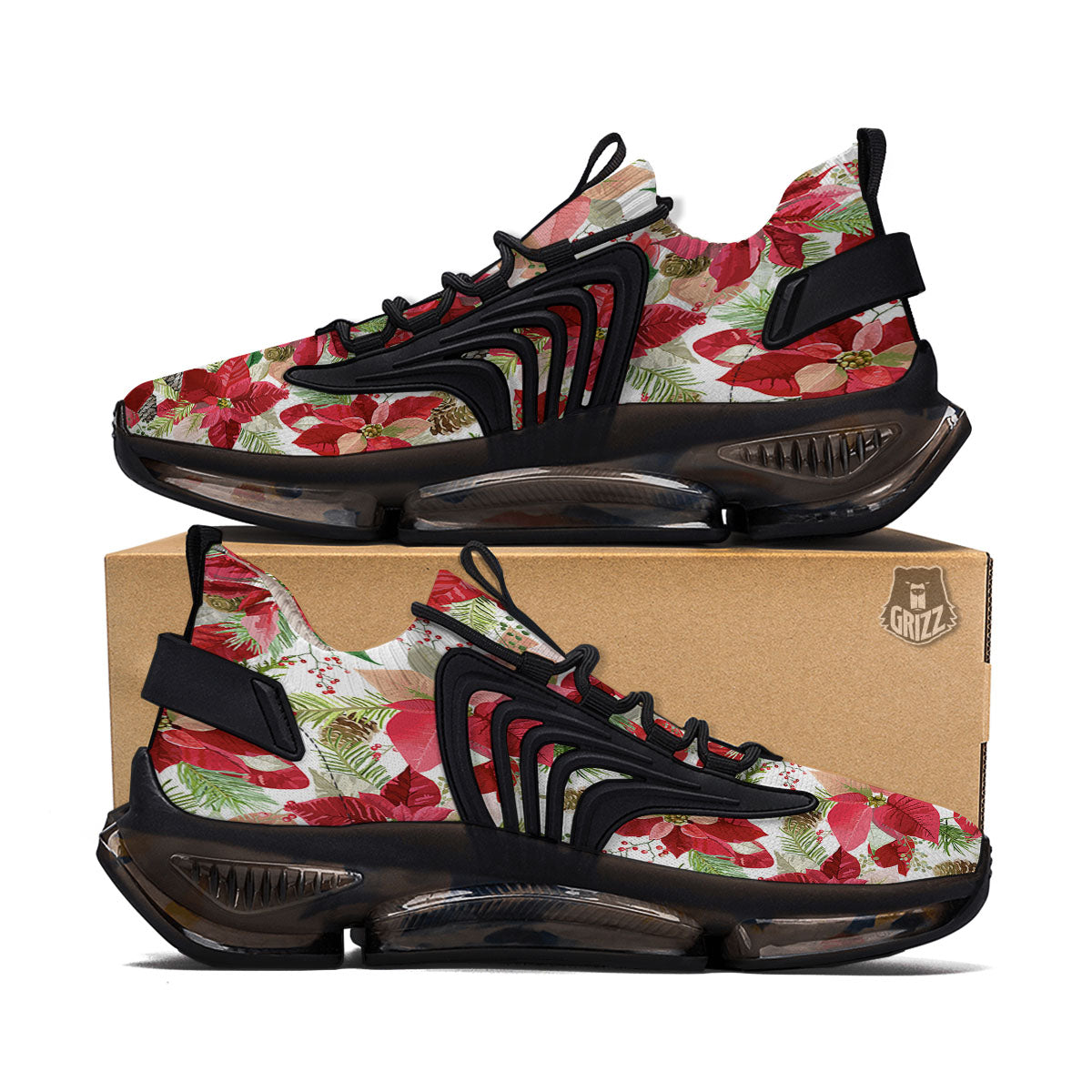 Flower Poinsettia Print Pattern Black Gym Shoes-grizzshop