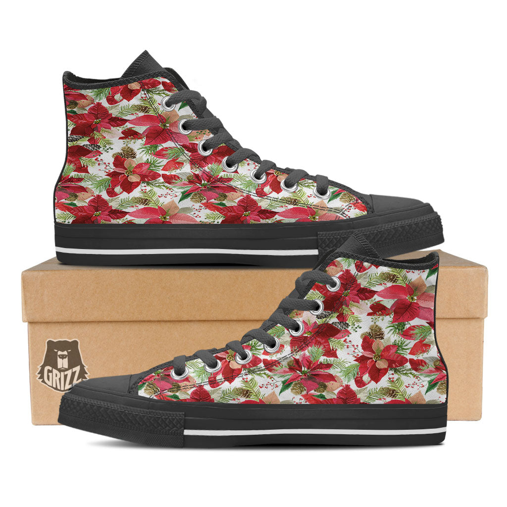 Flower Poinsettia Print Pattern Black High Top Shoes-grizzshop