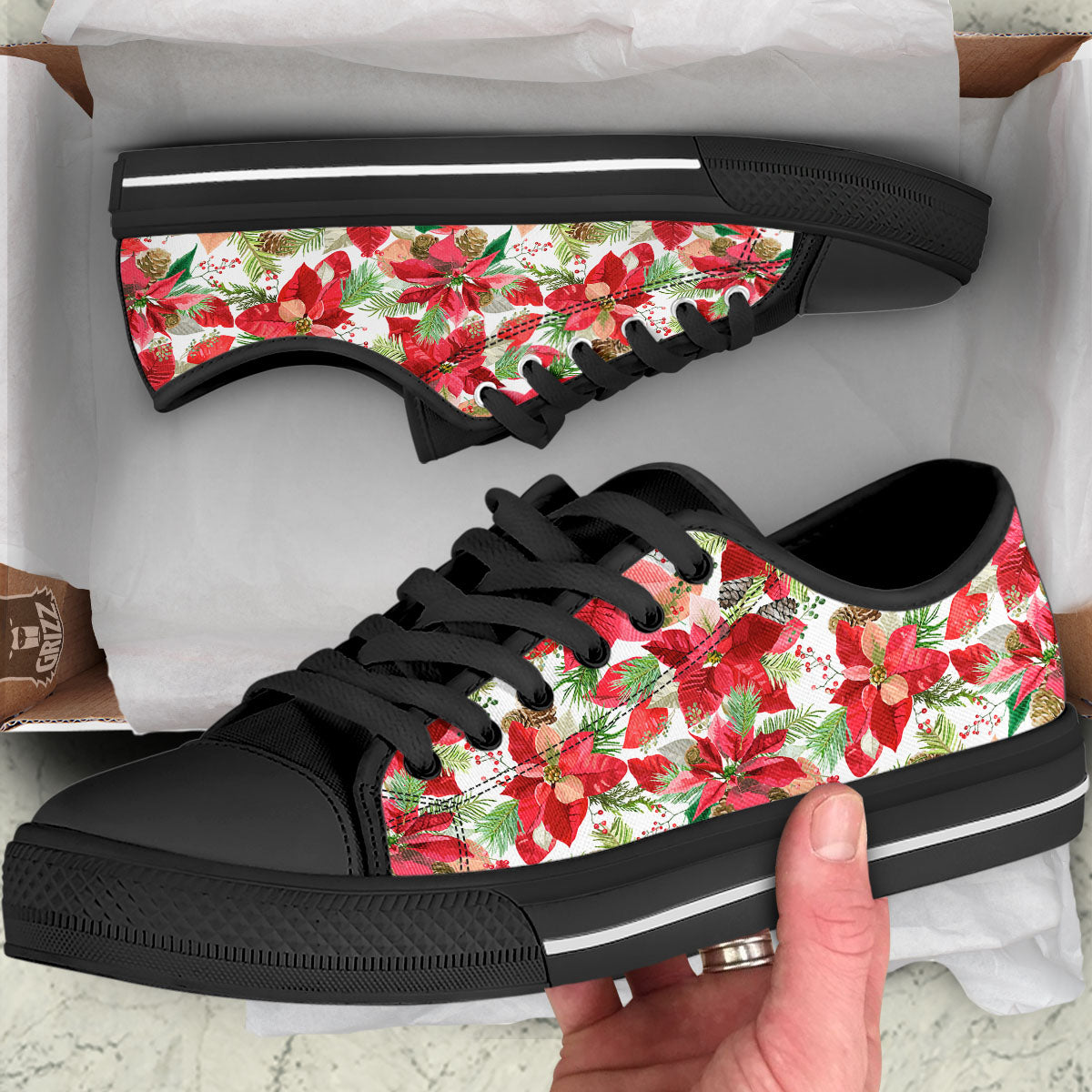 Flower Poinsettia Print Pattern Black Low Top Shoes-grizzshop