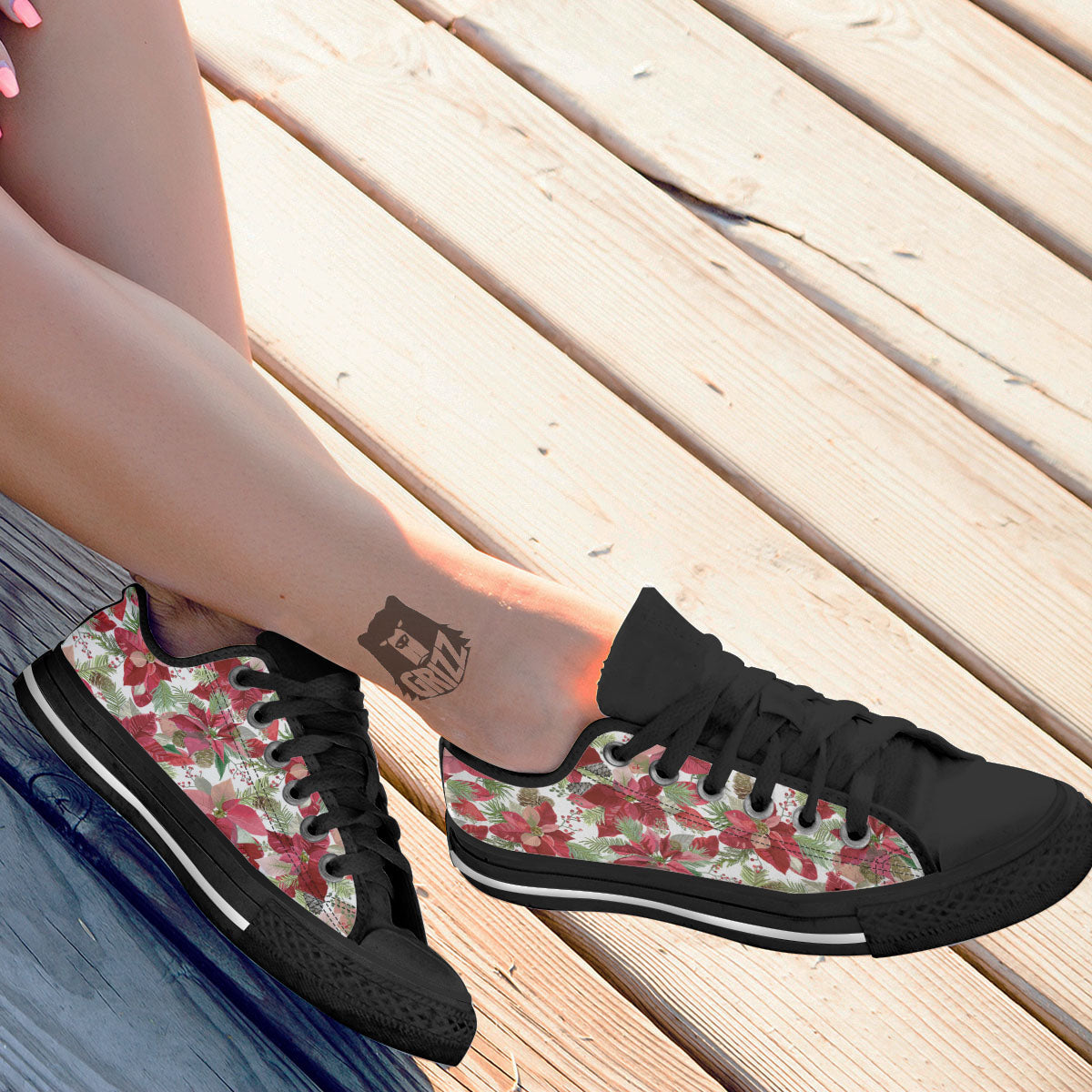 Flower Poinsettia Print Pattern Black Low Top Shoes-grizzshop