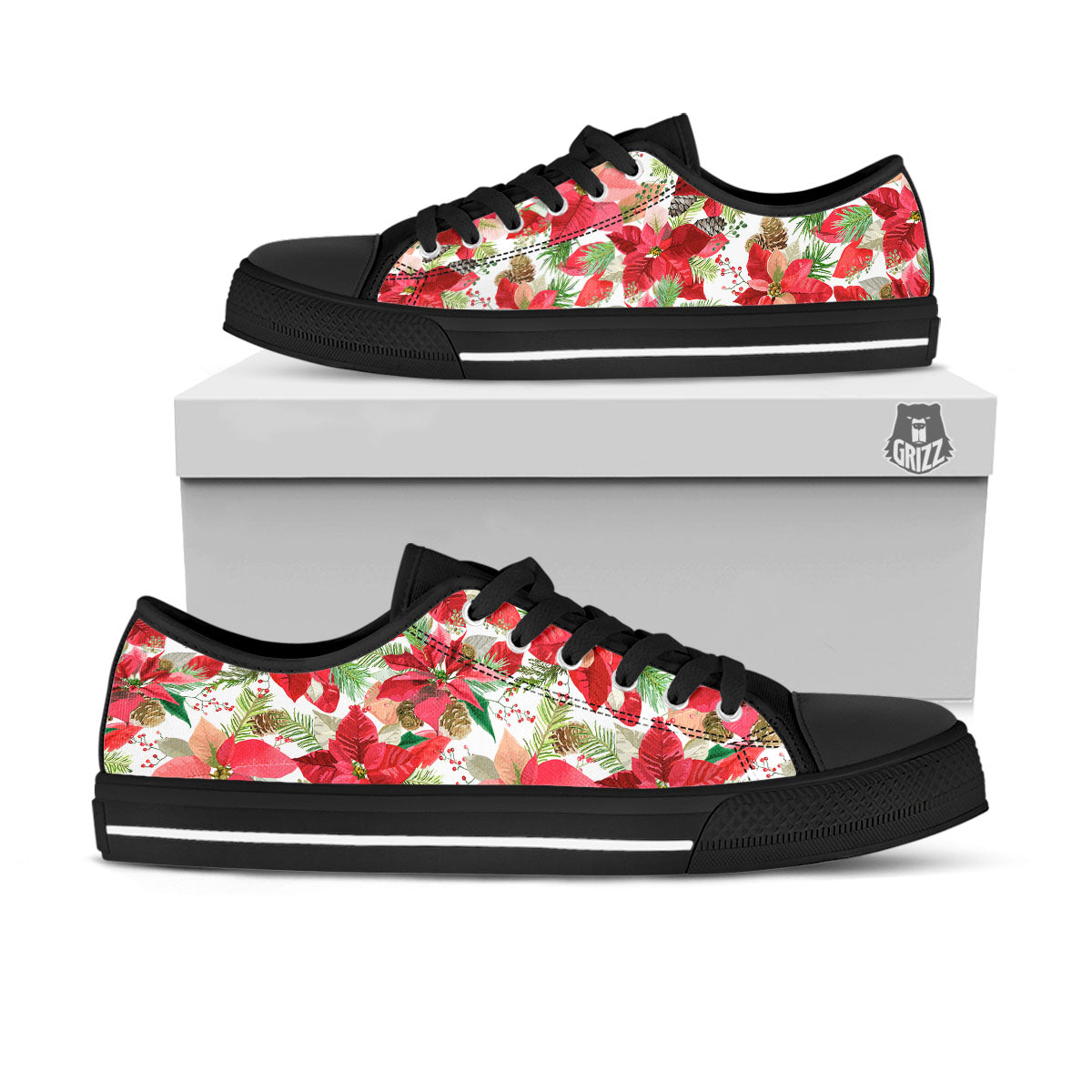 Flower Poinsettia Print Pattern Black Low Top Shoes-grizzshop