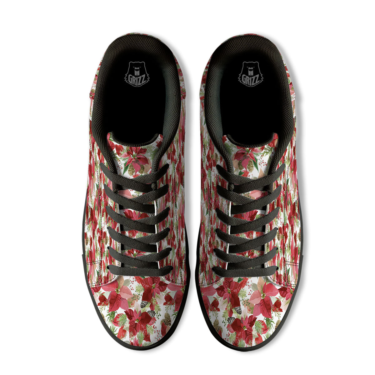 Flower Poinsettia Print Pattern Black Low Top Sneakers-grizzshop