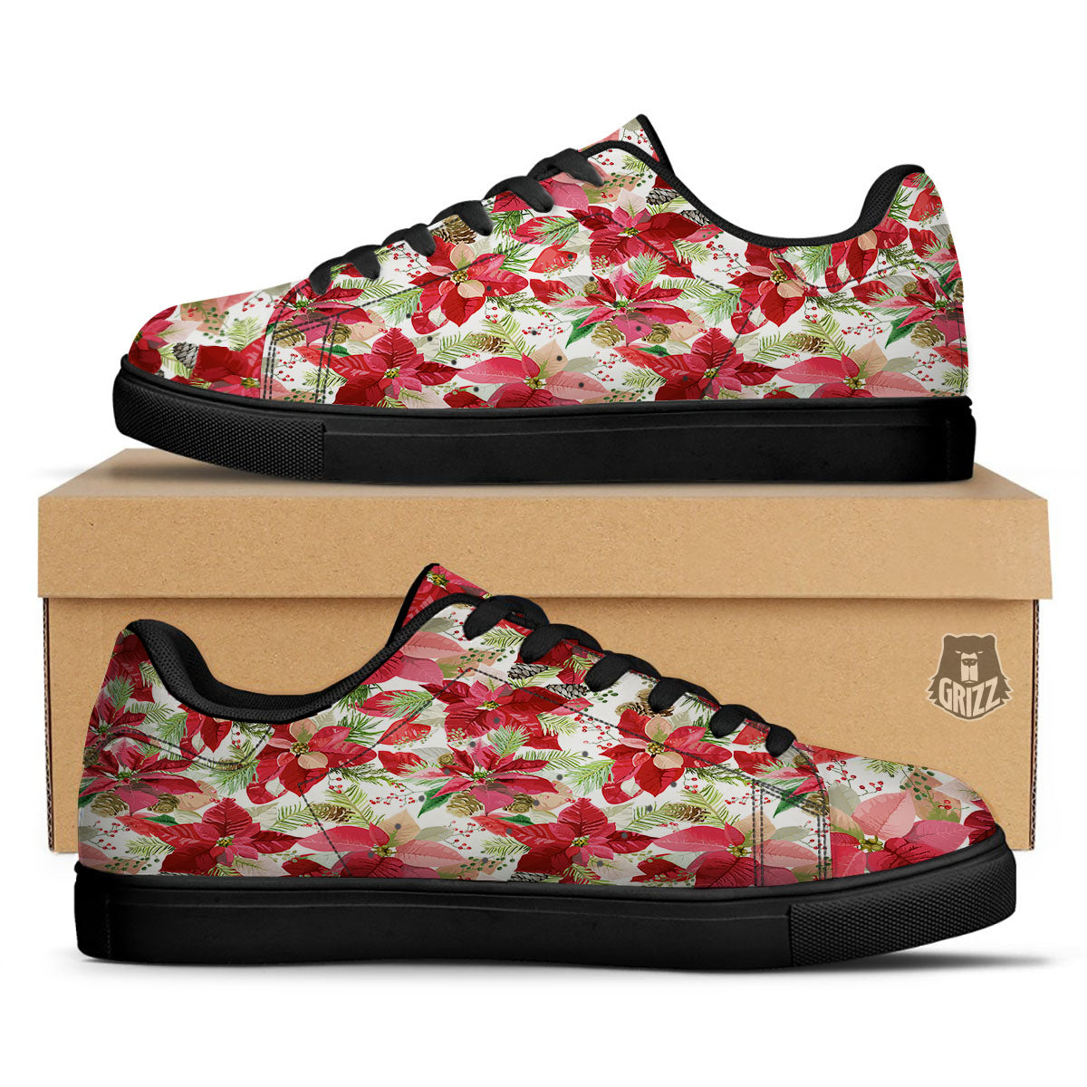 Flower Poinsettia Print Pattern Black Low Top Sneakers-grizzshop