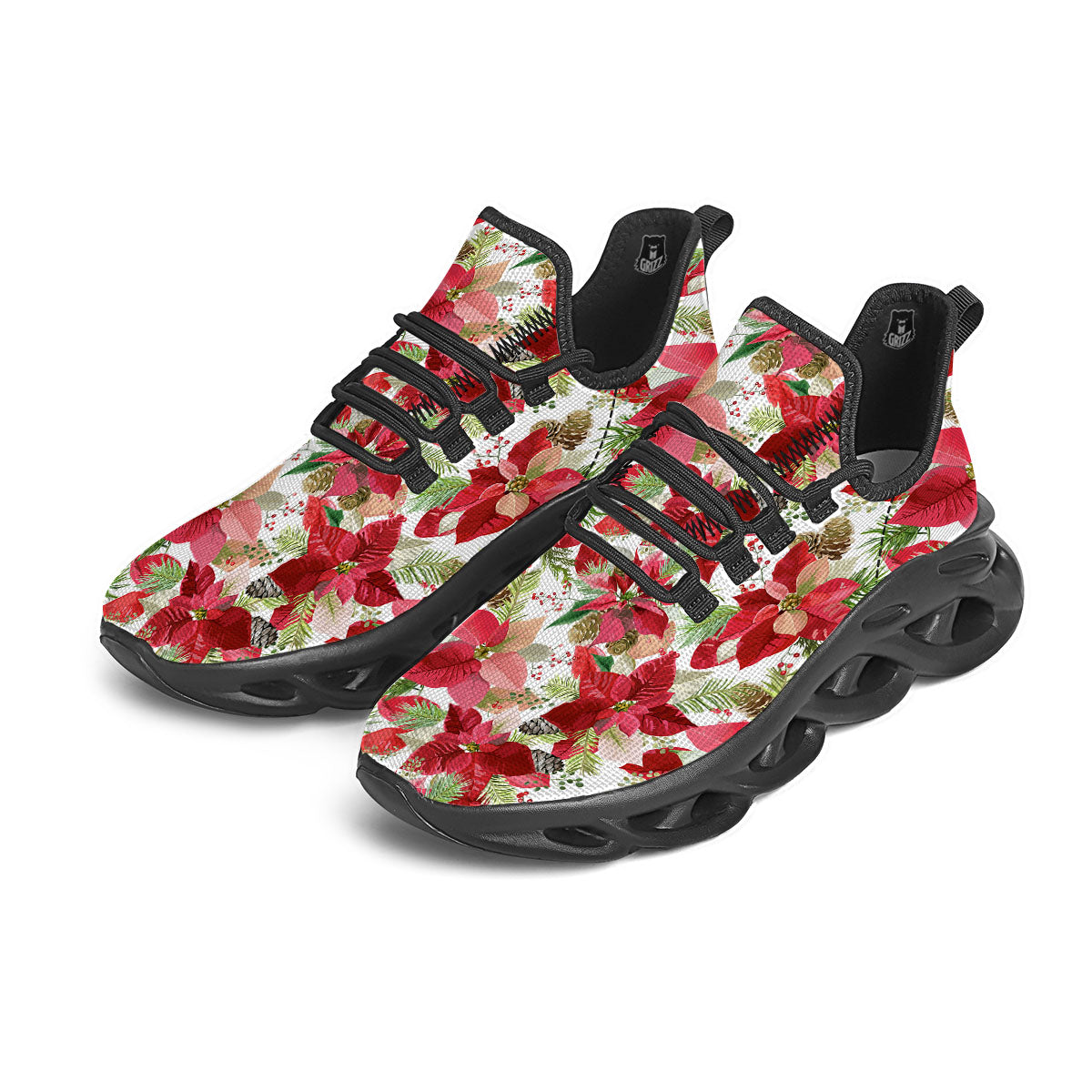 Flower Poinsettia Print Pattern Black Running Shoes-grizzshop