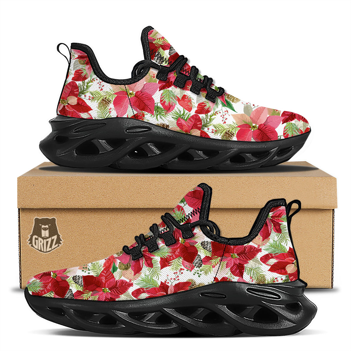 Flower Poinsettia Print Pattern Black Running Shoes-grizzshop