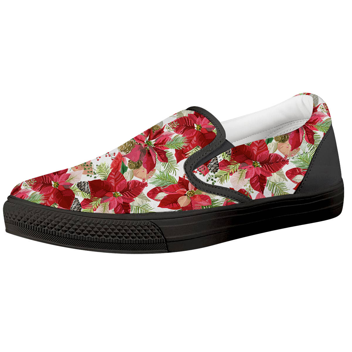 Flower Poinsettia Print Pattern Black Slip On Shoes-grizzshop