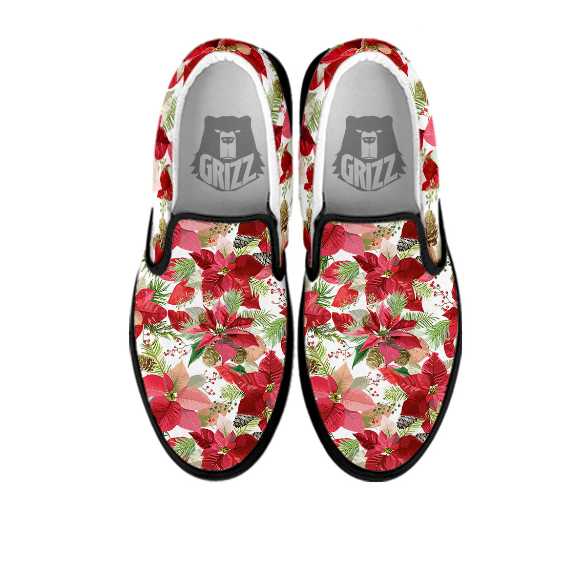Flower Poinsettia Print Pattern Black Slip On Shoes-grizzshop