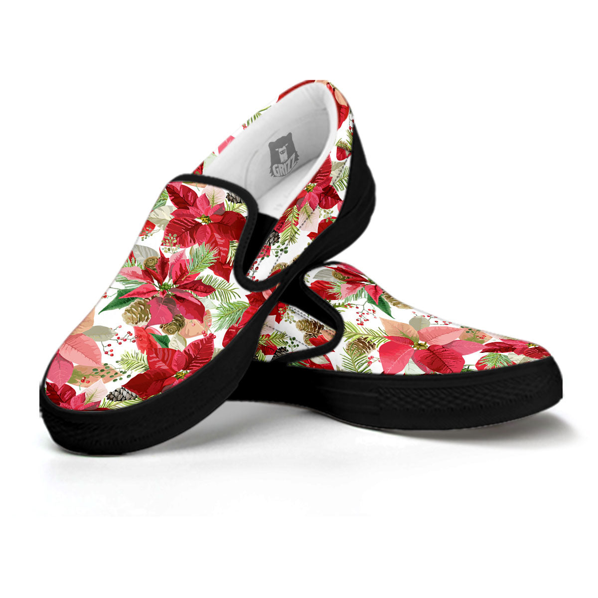 Flower Poinsettia Print Pattern Black Slip On Shoes-grizzshop