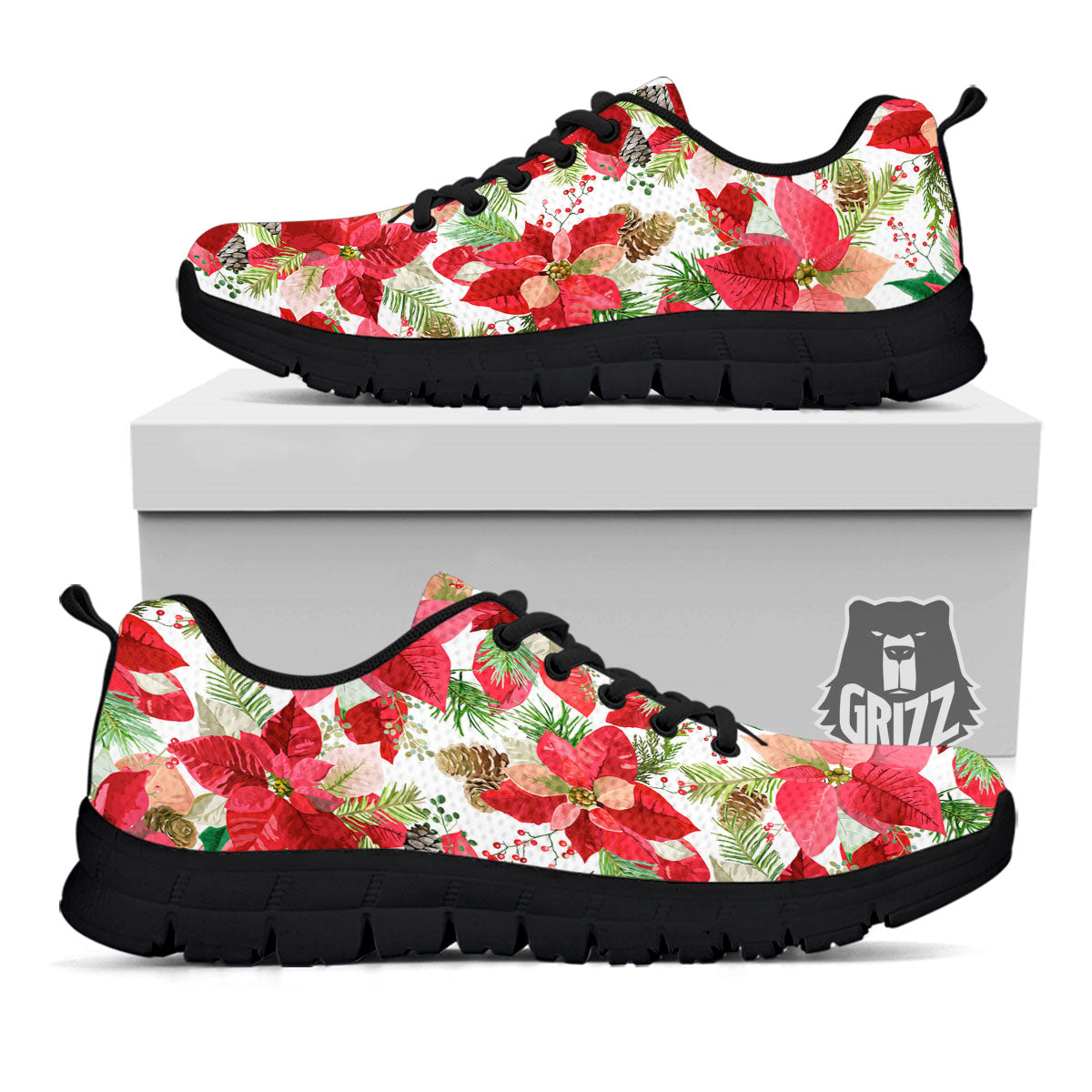 Flower Poinsettia Print Pattern Black Sneaker-grizzshop