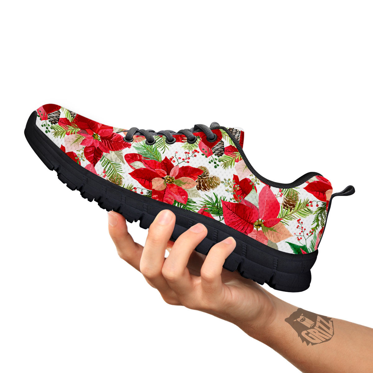 Flower Poinsettia Print Pattern Black Sneaker-grizzshop