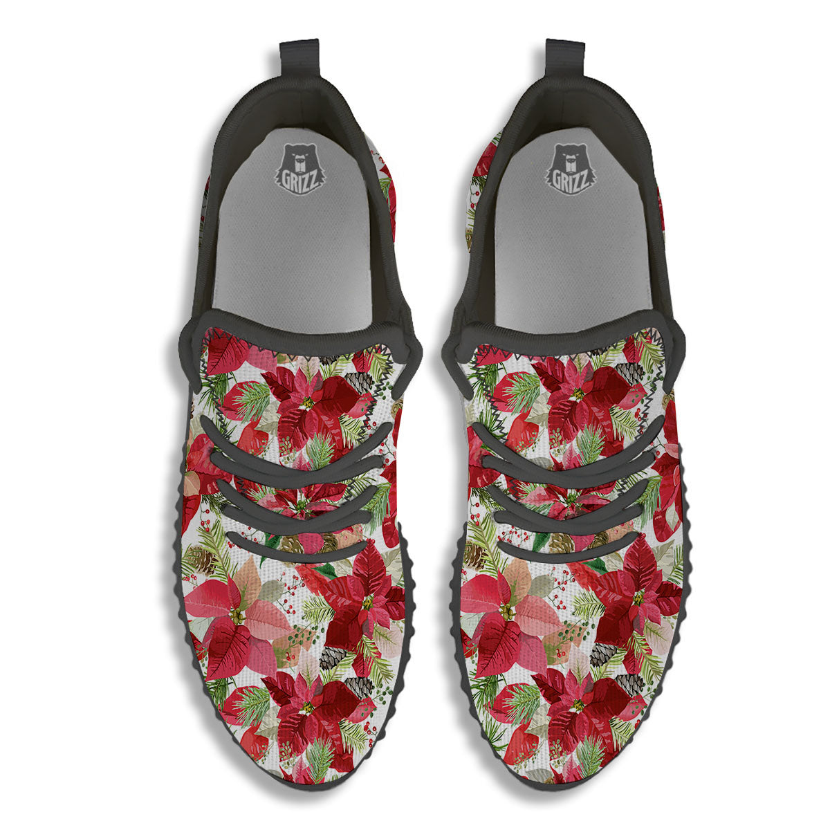 Flower Poinsettia Print Pattern Black Walking Shoes-grizzshop