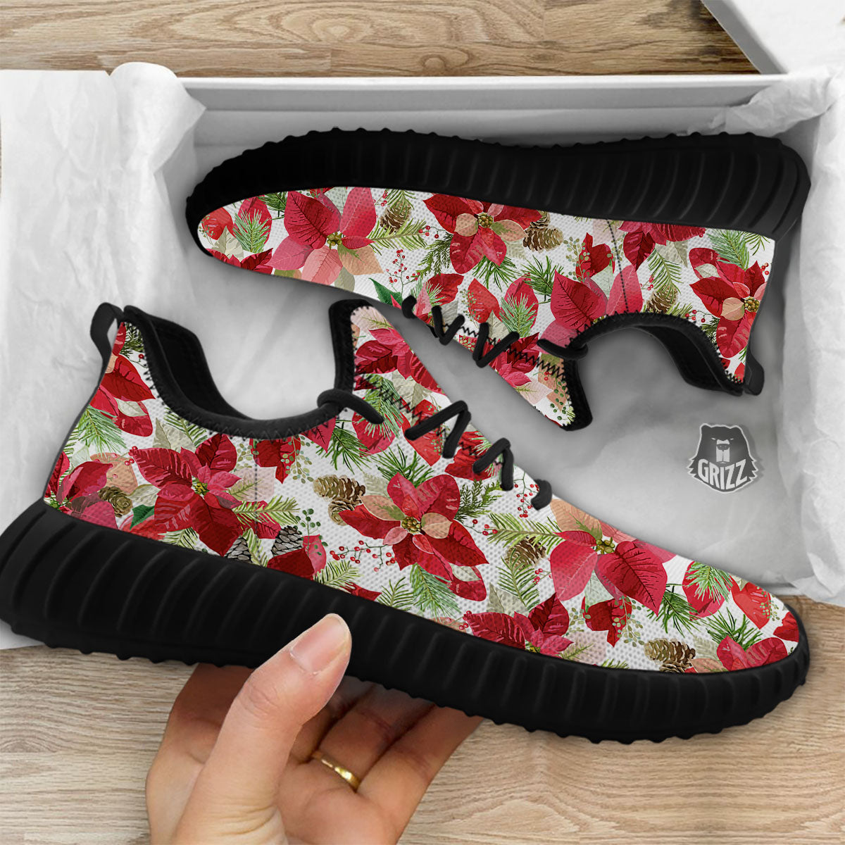 Flower Poinsettia Print Pattern Black Walking Shoes-grizzshop