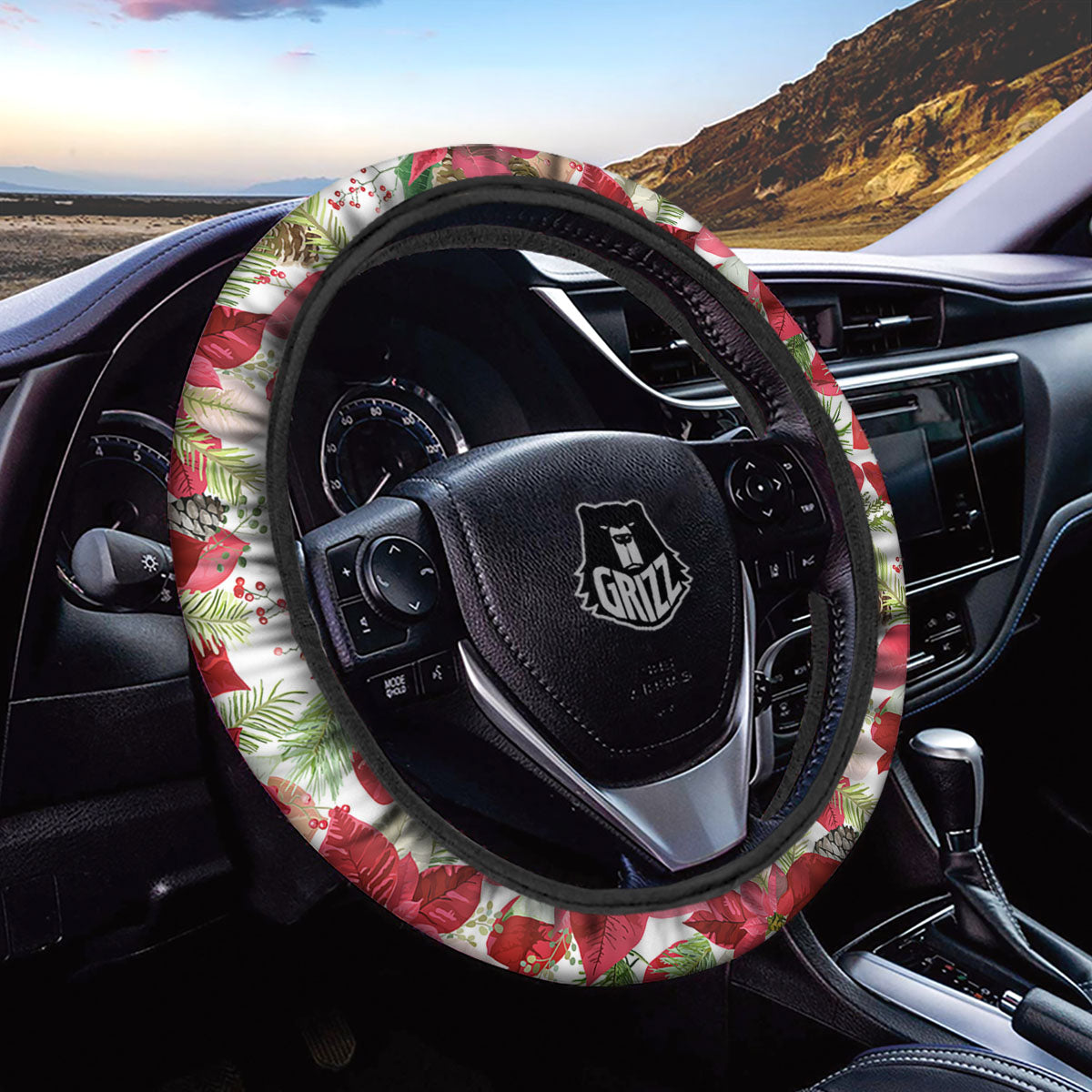 Flower Poinsettia Print Pattern Car Steering Wheel Cover-grizzshop