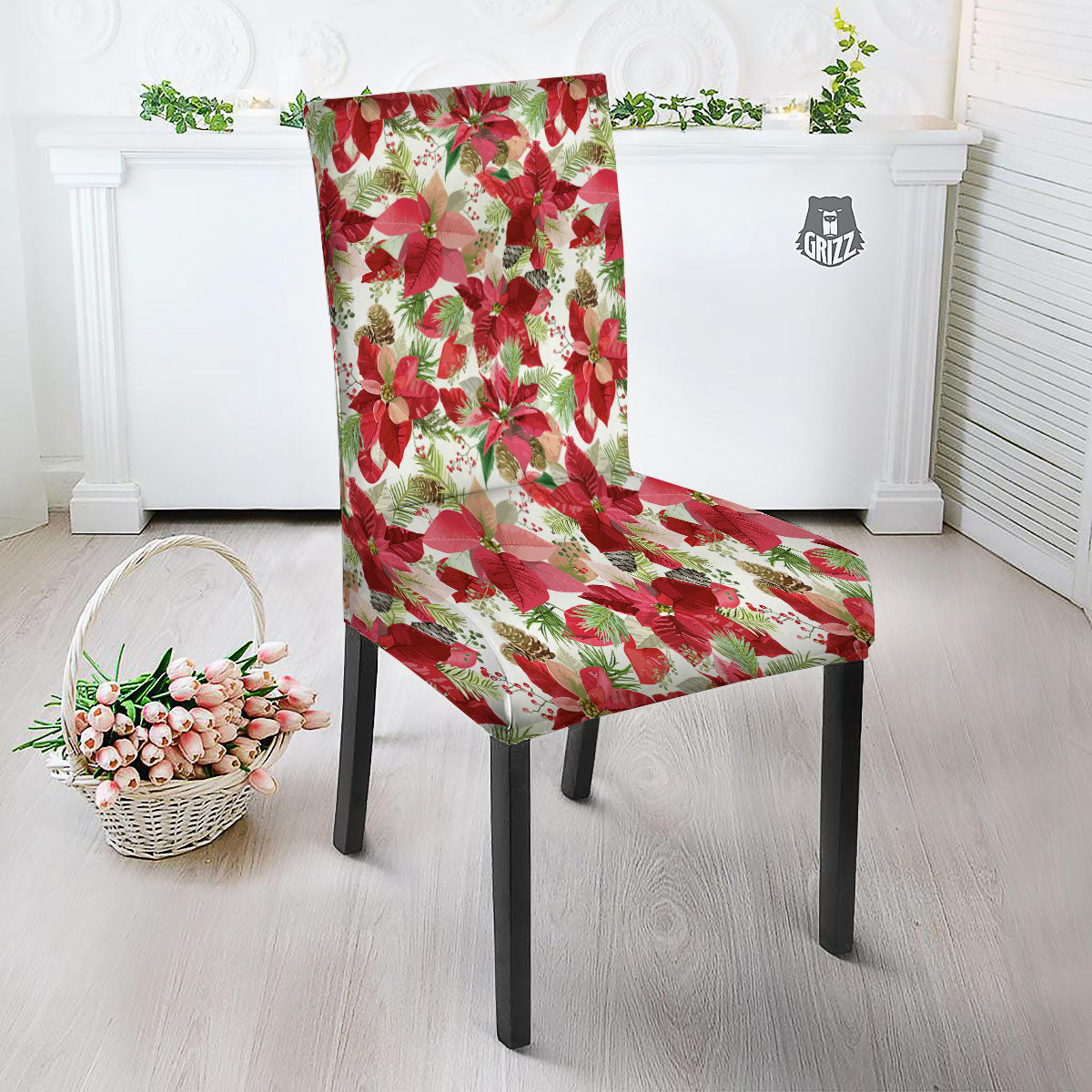 Flower Poinsettia Print Pattern Dining Chair Slipcover-grizzshop