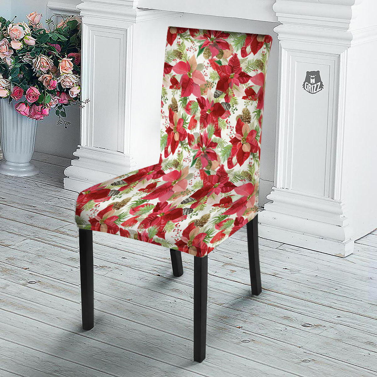 Flower Poinsettia Print Pattern Dining Chair Slipcover-grizzshop