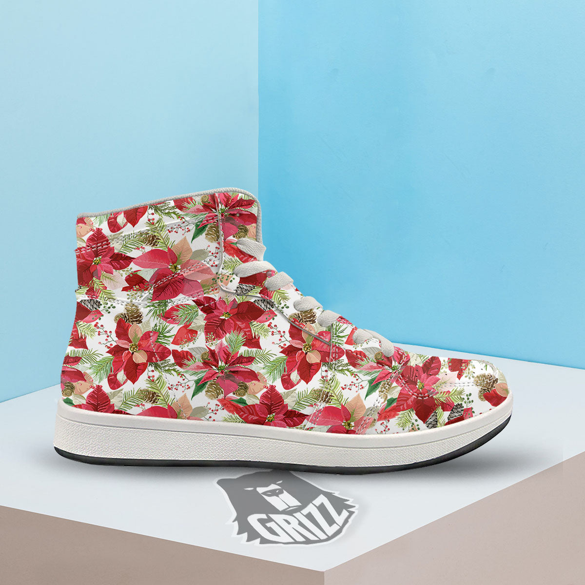 Flower Poinsettia Print Pattern High Top Sneakers-grizzshop