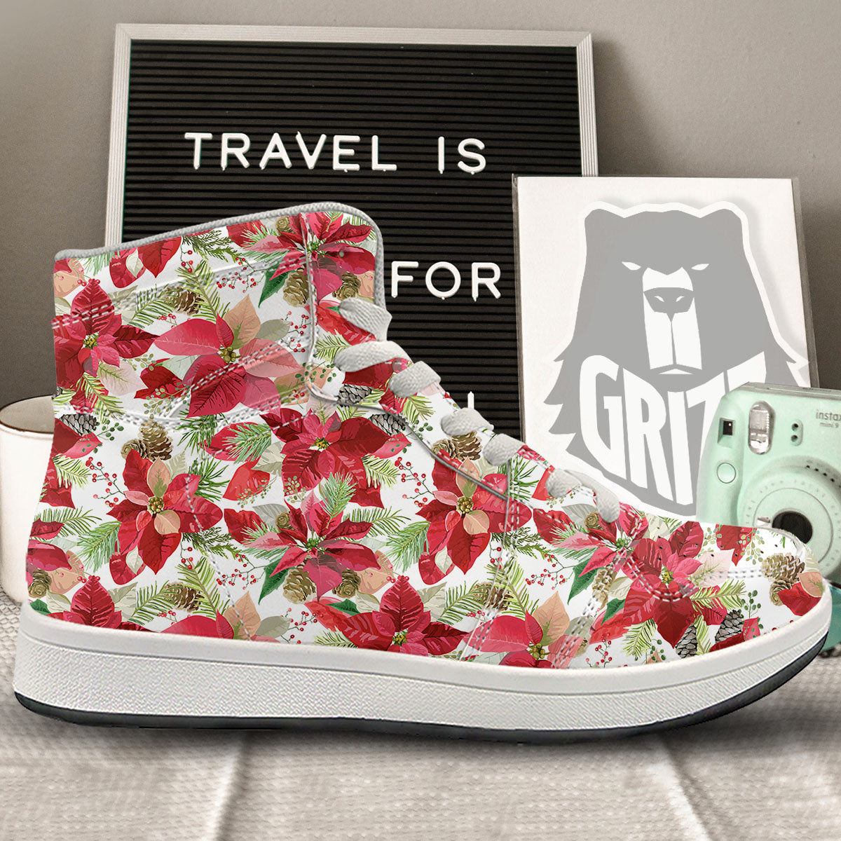 Flower Poinsettia Print Pattern High Top Sneakers-grizzshop