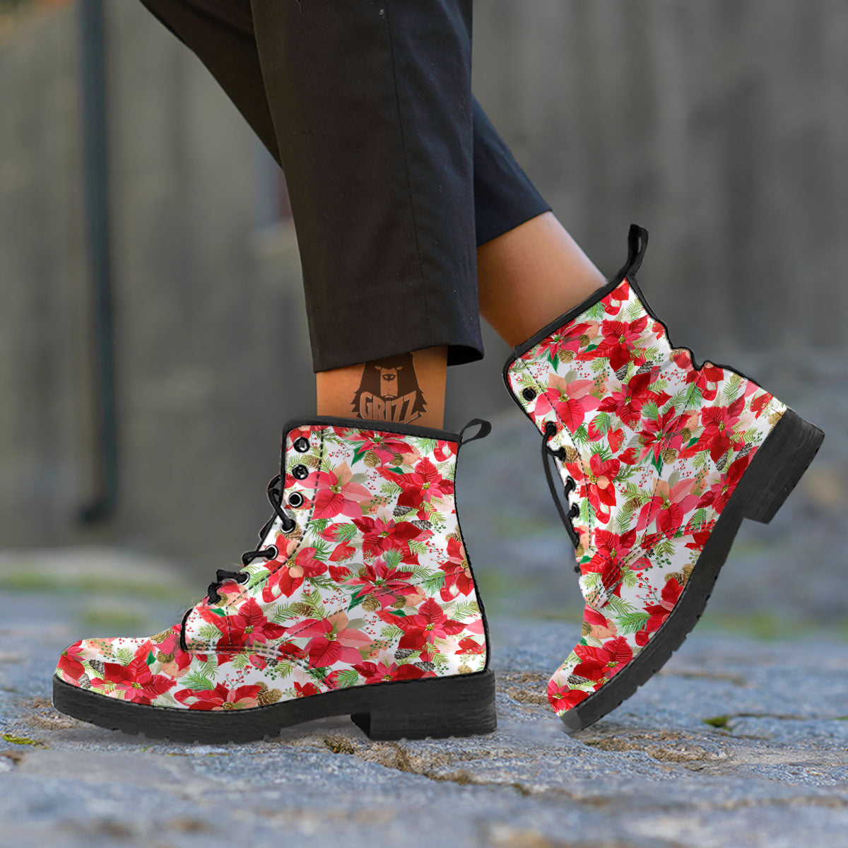 Flower Poinsettia Print Pattern Leather Boots-grizzshop