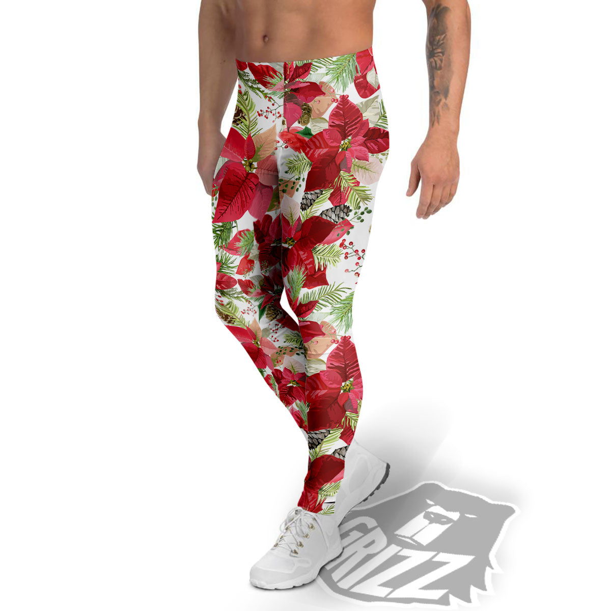 Flower Poinsettia Print Pattern Men's Leggings-grizzshop