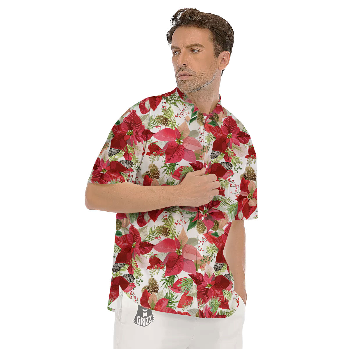 Flower Poinsettia Print Pattern Men's Short Sleeve Shirts-grizzshop