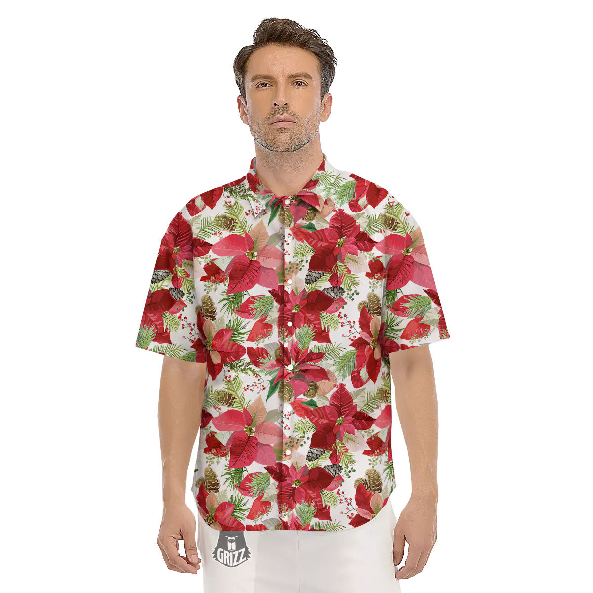 Flower Poinsettia Print Pattern Men's Short Sleeve Shirts-grizzshop