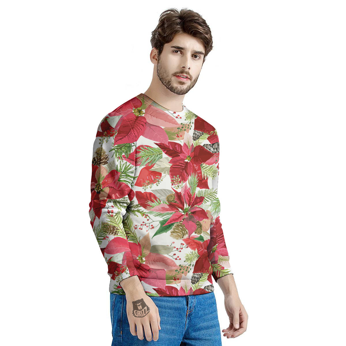 Flower Poinsettia Print Pattern Men's Sweatshirt-grizzshop