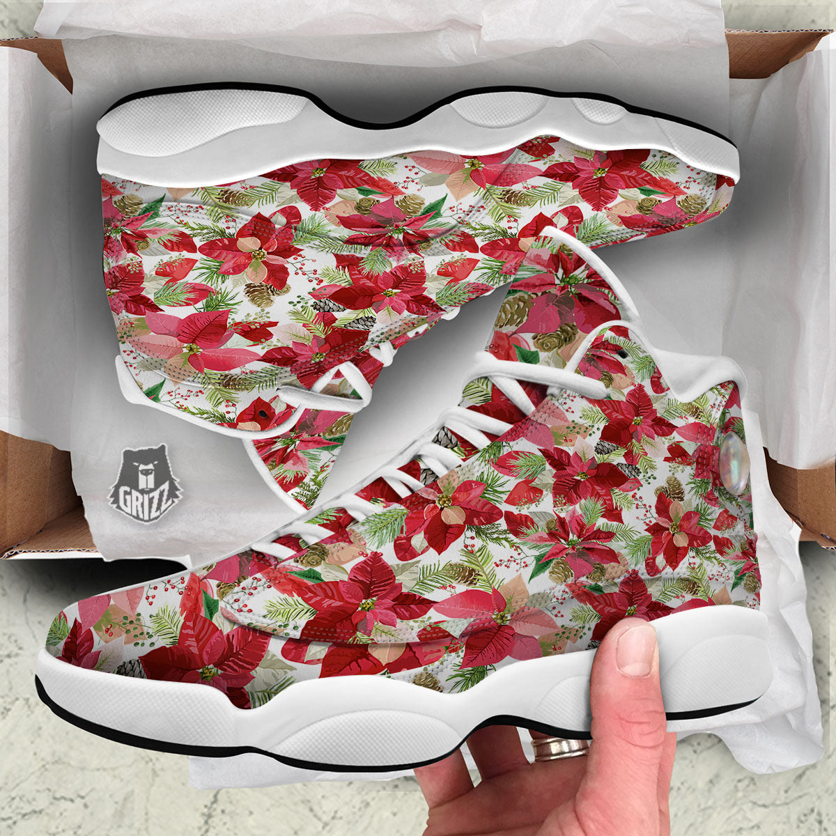 Flower Poinsettia Print Pattern White Basketball Shoes-grizzshop